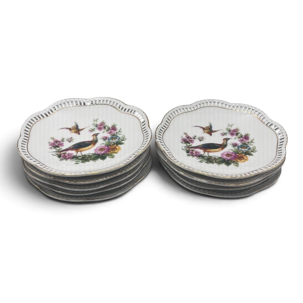 Schumann Arzberg Plates 5.25in White Excellent Bird Floral Reticulated Set of 9